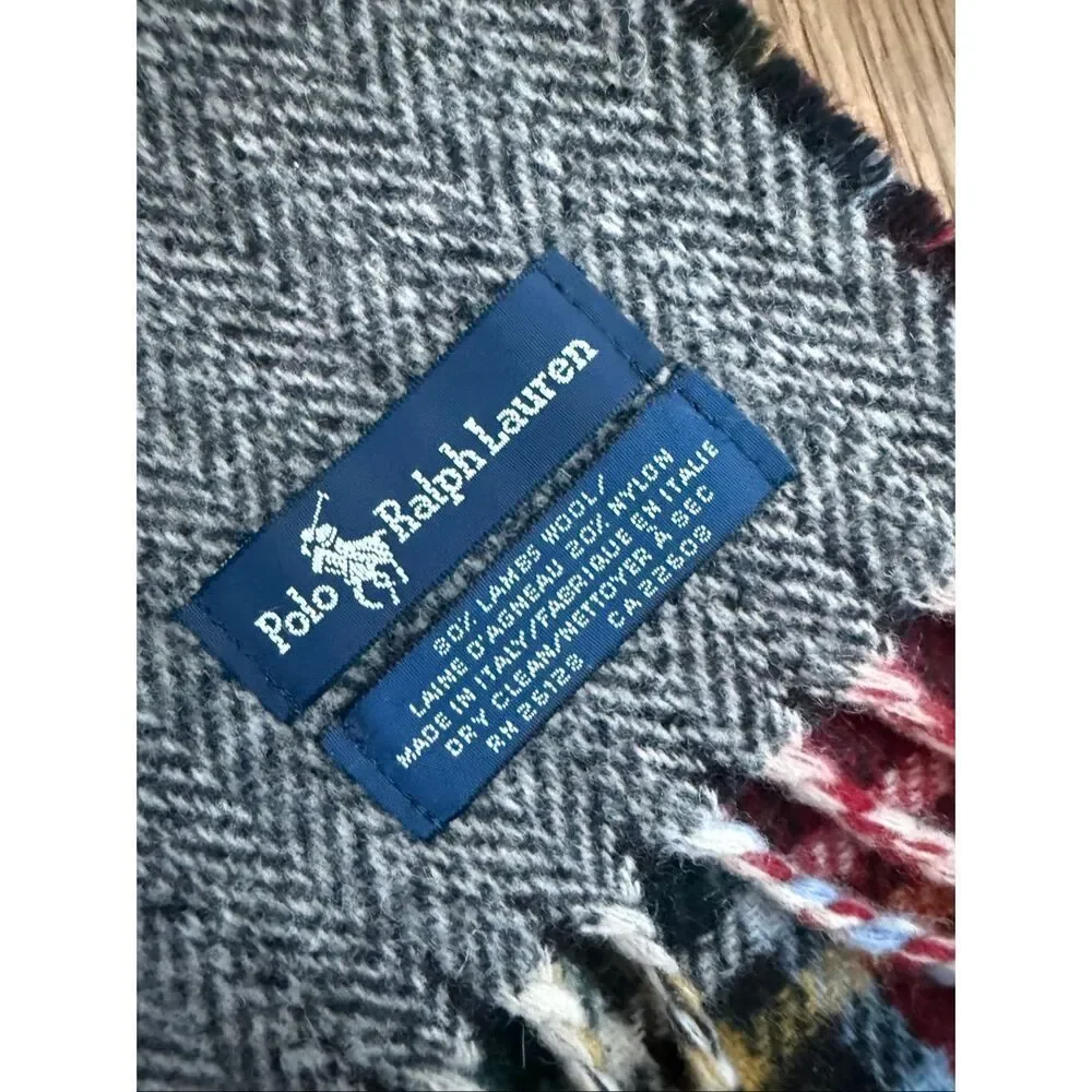 Polo Ralph Lauren Reversible Lambswool Red Plaid Grey Herringbone Scarf
